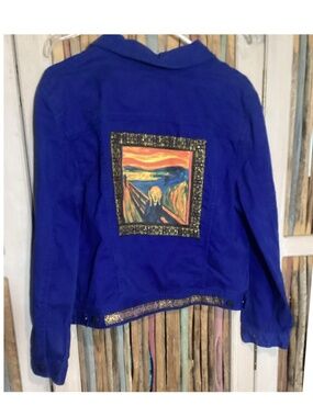 Blue Jean Jacket with ”The Scream” Appliqué on the back- Petite L